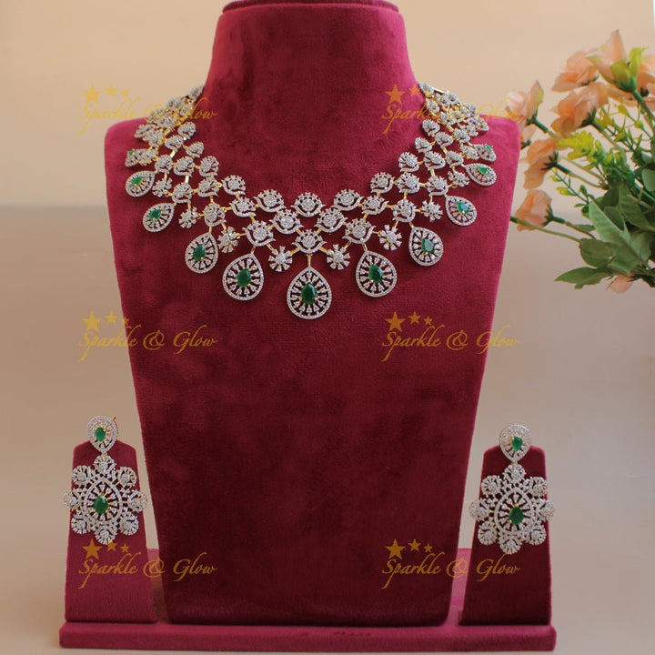 Gorgeous Floral water drop design American diamond choker with emerald - Sparkle and Glow - Back Thread - 