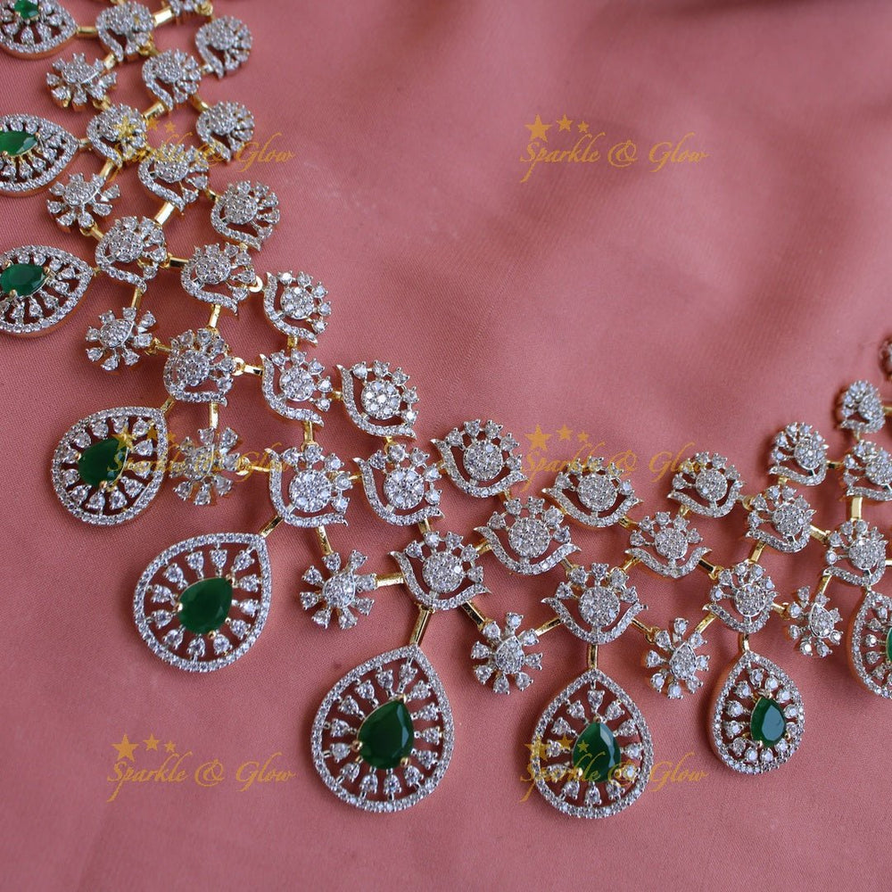 Gorgeous Floral water drop design American diamond choker with emerald - Sparkle and Glow - Back Thread - 