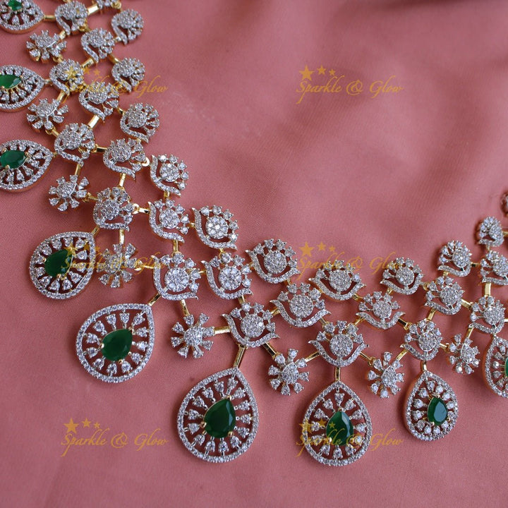 Gorgeous Floral water drop design American diamond choker with emerald - Sparkle and Glow - Back Thread - 