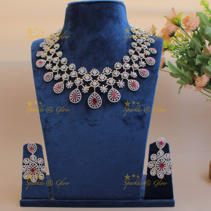 Gorgeous Floral water drop design American diamond choker with ruby - pink