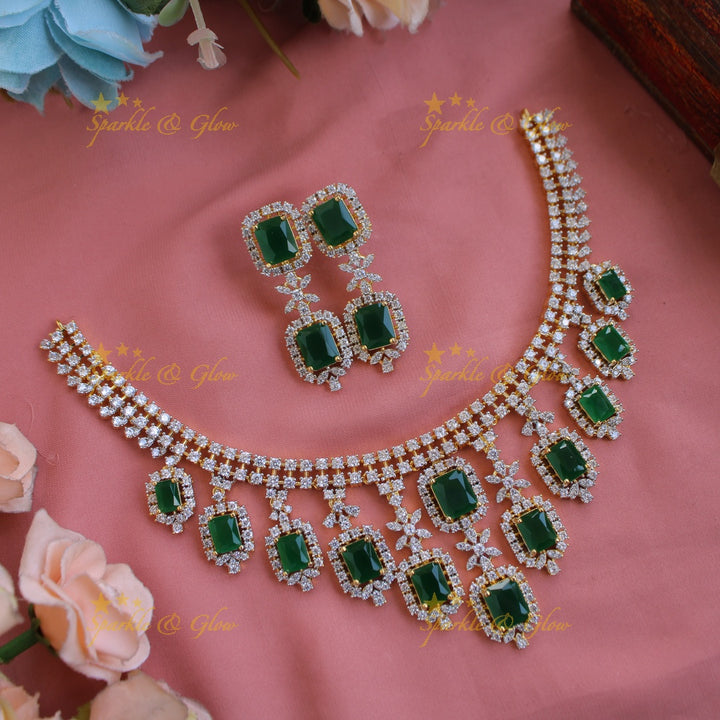 Statement Floral stone drop American diamond short necklace with stones - purple