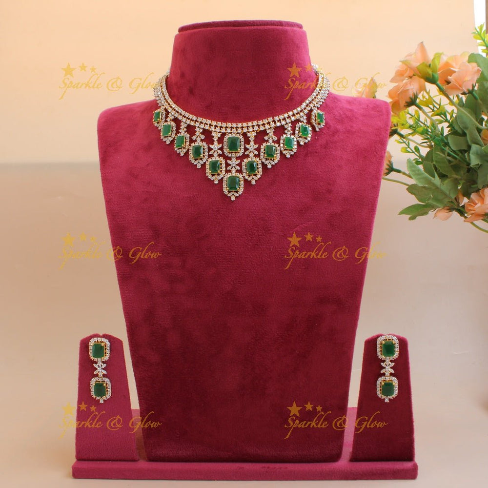 Statement Floral stone drop American diamond short necklace with emerald - Sparkle and Glow - Back Thread - 