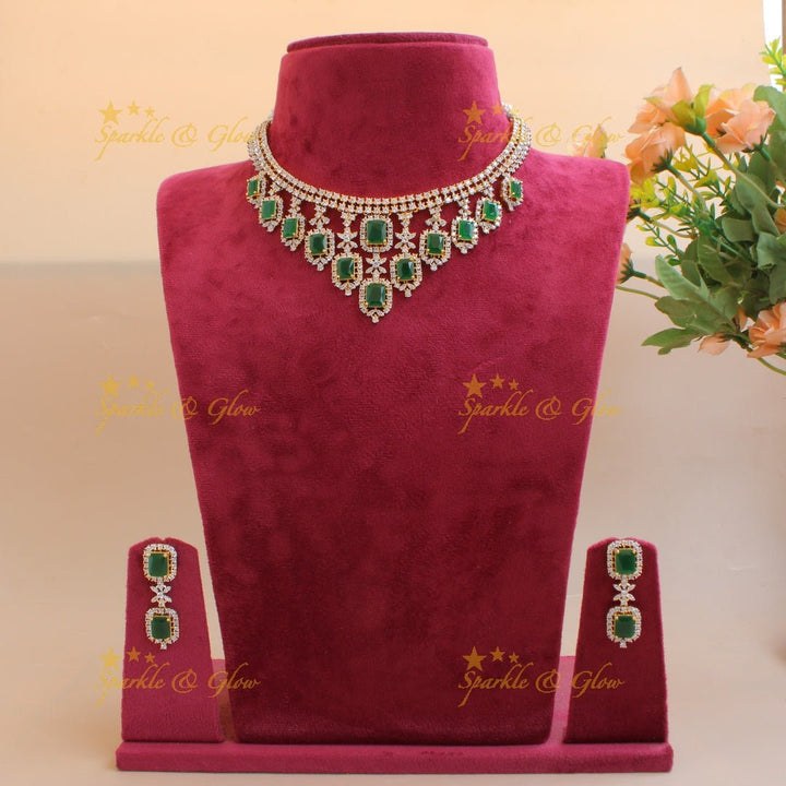Statement Floral stone drop American diamond short necklace with emerald - Sparkle and Glow - Back Thread - 