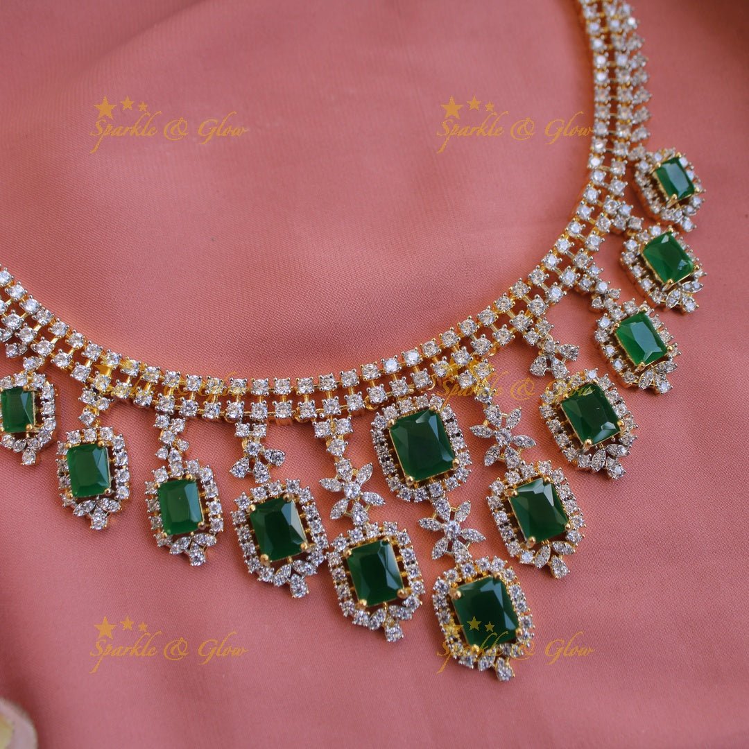 Statement Floral stone drop American diamond short necklace with emerald - Sparkle and Glow - Back Thread - 