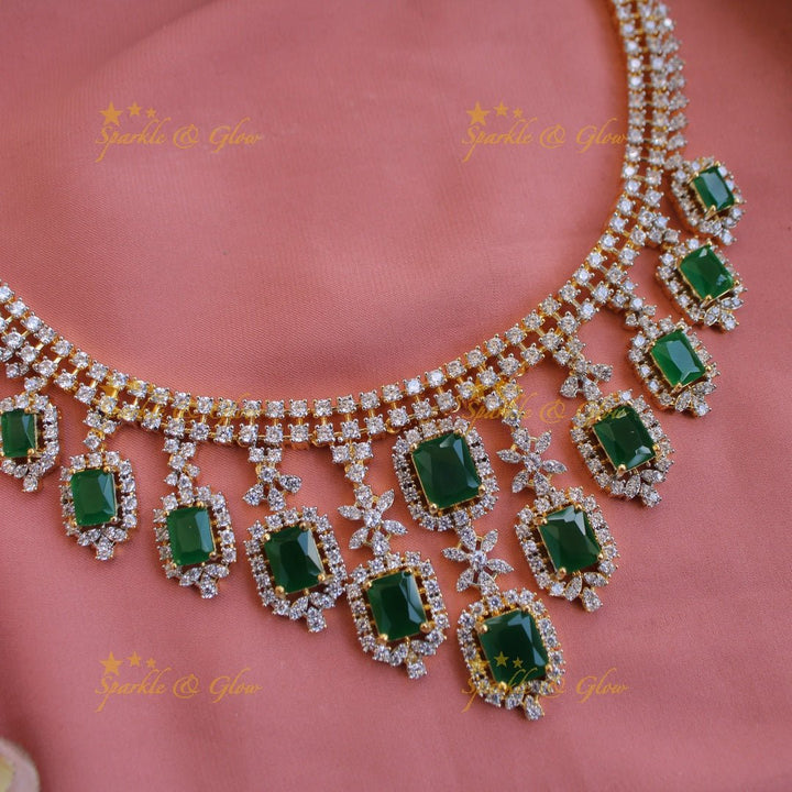 Statement Floral stone drop American diamond short necklace with emerald - Sparkle and Glow - Back Thread - 