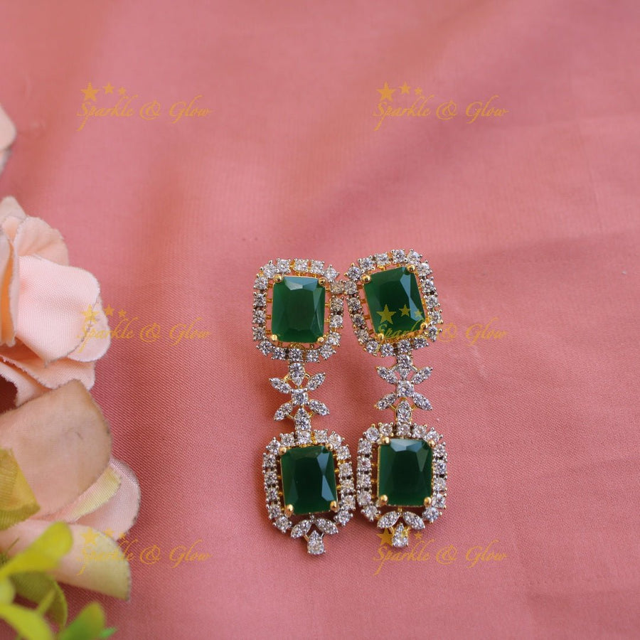 Statement Floral stone drop American diamond short necklace with emerald - Sparkle and Glow - Back Thread - 