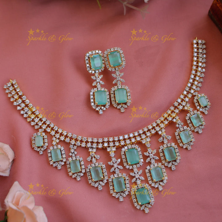 Statement Floral stone drop American diamond short necklace with stones - mint green