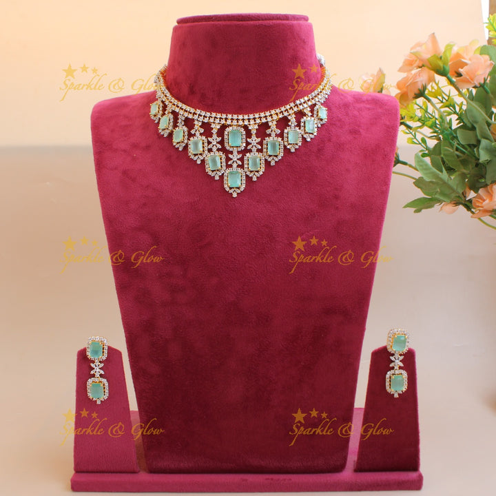 Statement Floral stone drop American diamond short necklace with stones - mint green