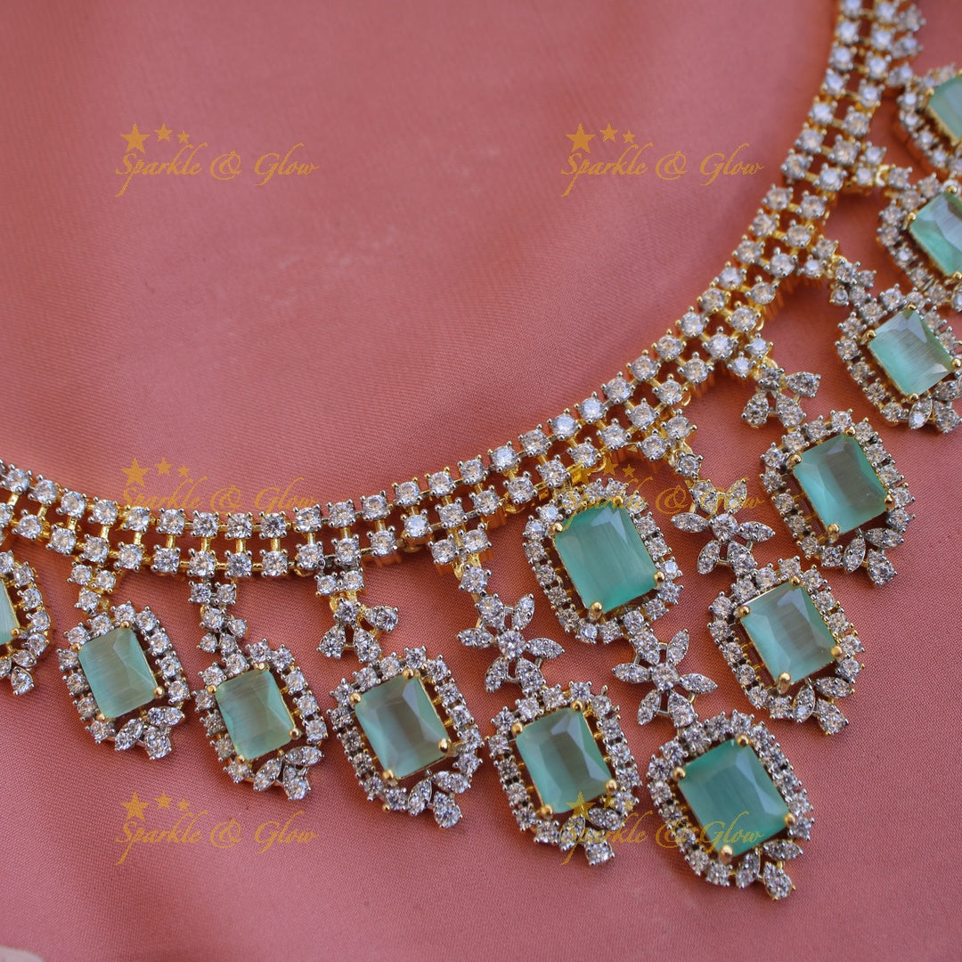 Statement Floral stone drop American diamond short necklace with stones - mint green