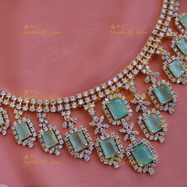 Statement Floral stone drop American diamond short necklace with stones - mint green