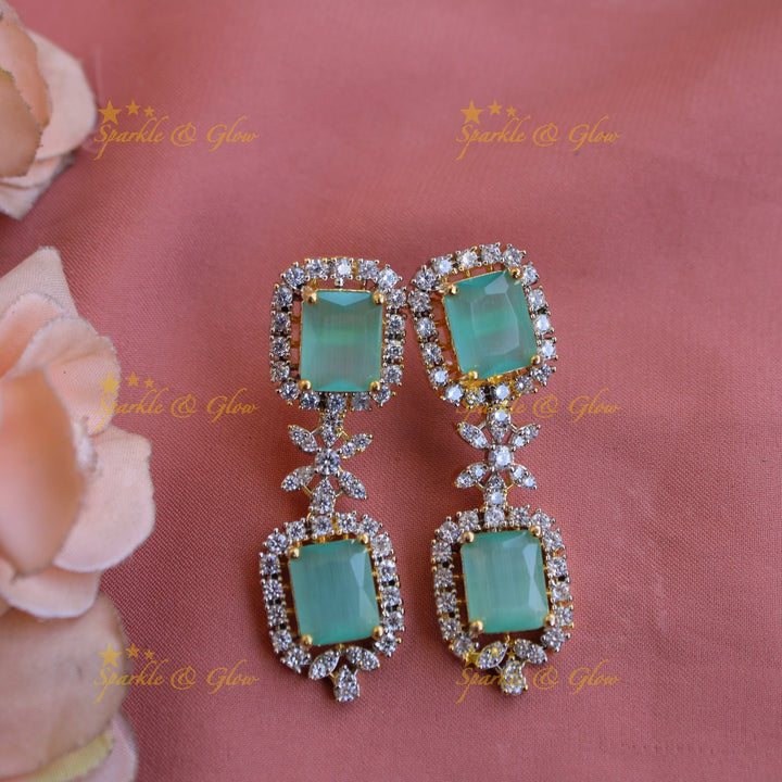 Statement Floral stone drop American diamond short necklace with stones - mint green