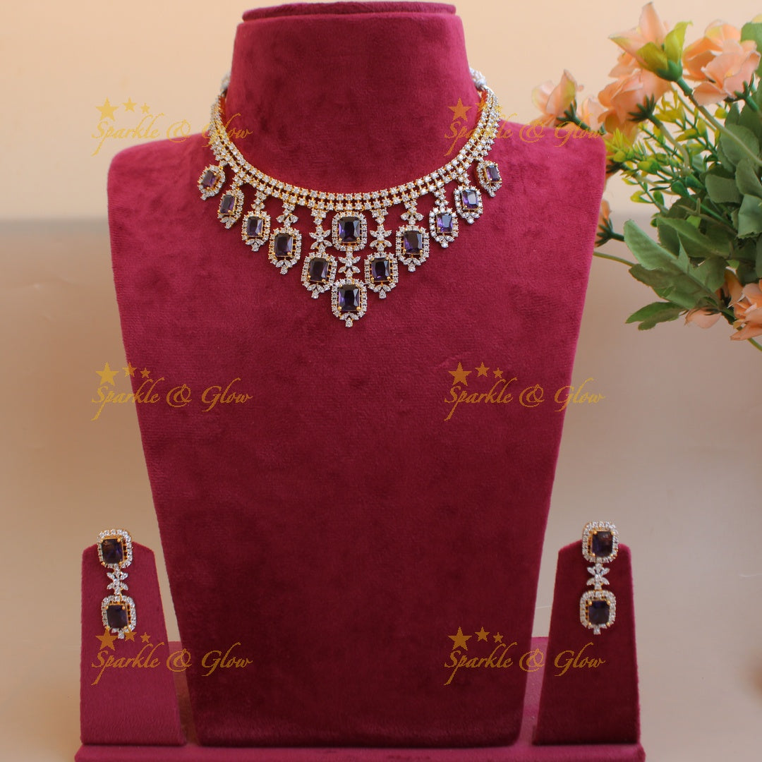 Statement Floral stone drop American diamond short necklace with stones - purple