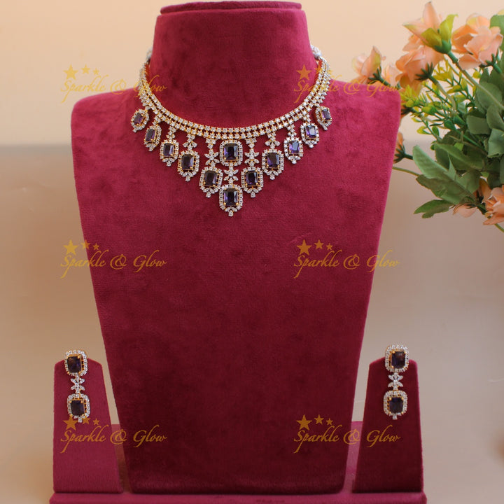 Statement Floral stone drop American diamond short necklace with stones - purple
