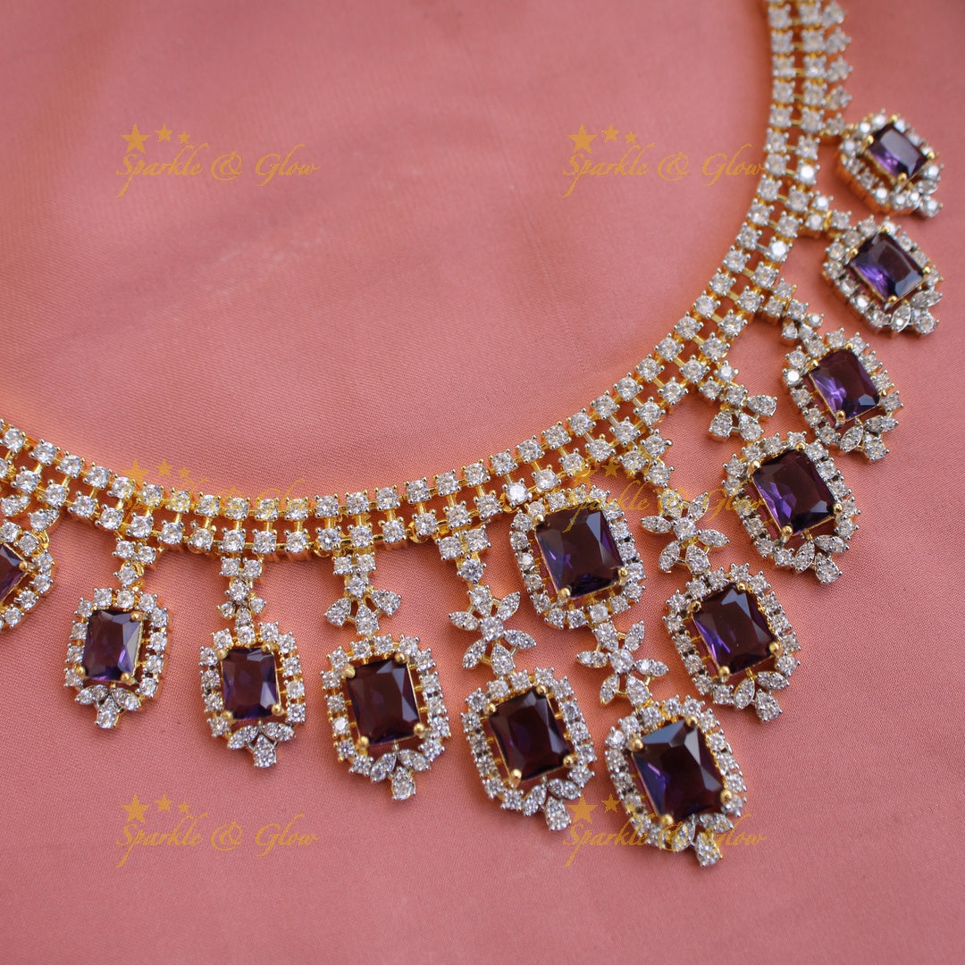 Statement Floral stone drop American diamond short necklace with stones - purple