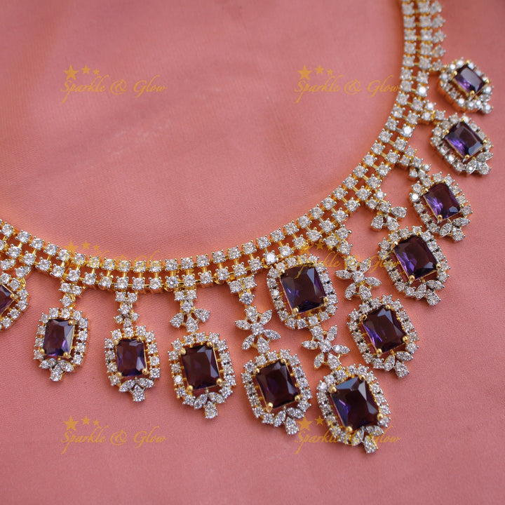 Statement Floral stone drop American diamond short necklace with stones - purple