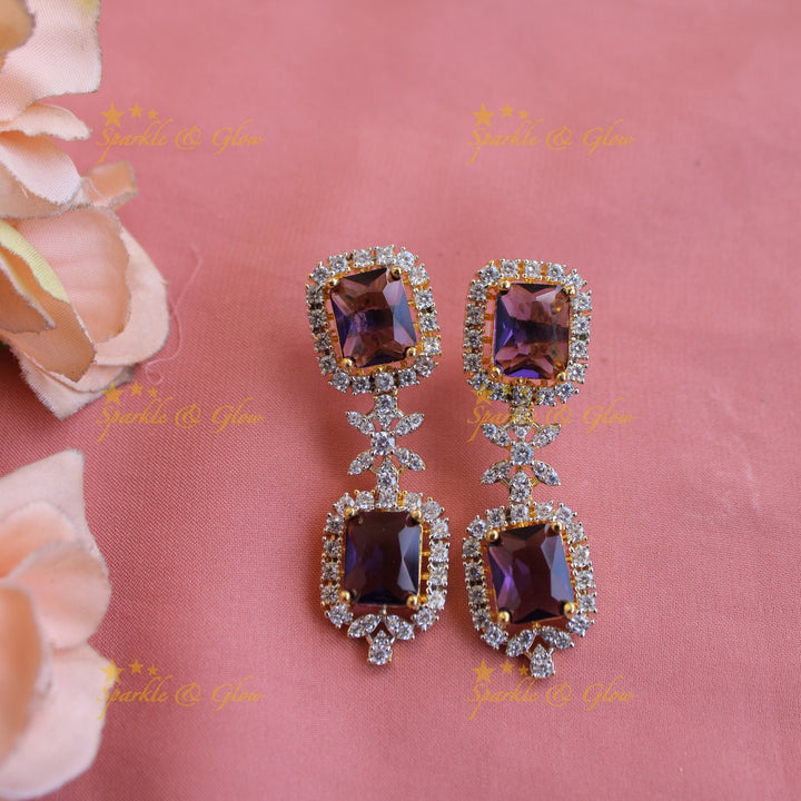 Statement Floral stone drop American diamond short necklace with stones - purple