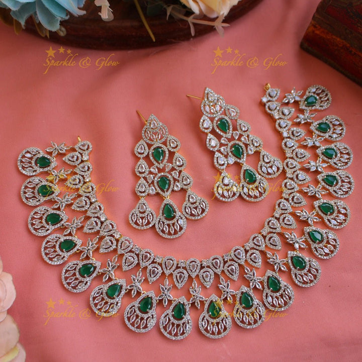 Sparkling Floral water drop design American diamond choker with emerald - Sparkle and Glow - Back Thread - 