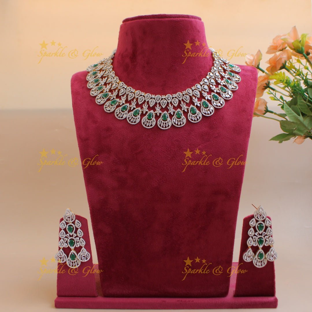 Sparkling Floral water drop design American diamond choker with emerald - Sparkle and Glow - Back Thread - 