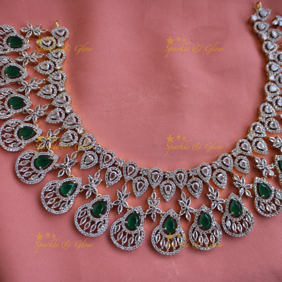 Sparkling Floral water drop design American diamond choker with emerald - Sparkle and Glow - Back Thread - 