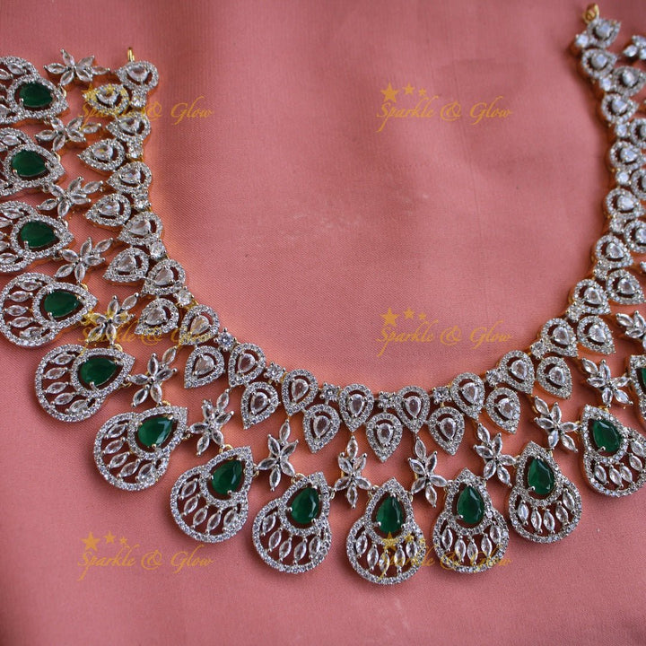 Sparkling Floral water drop design American diamond choker with emerald - Sparkle and Glow - Back Thread - 