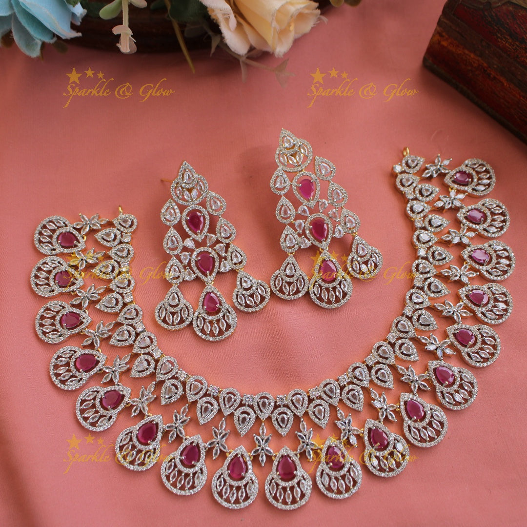 Sparkling Floral water drop design American diamond choker with ruby - pink