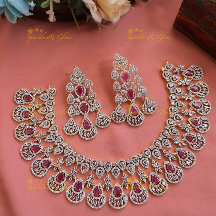 Sparkling Floral water drop design American diamond choker with ruby - pink
