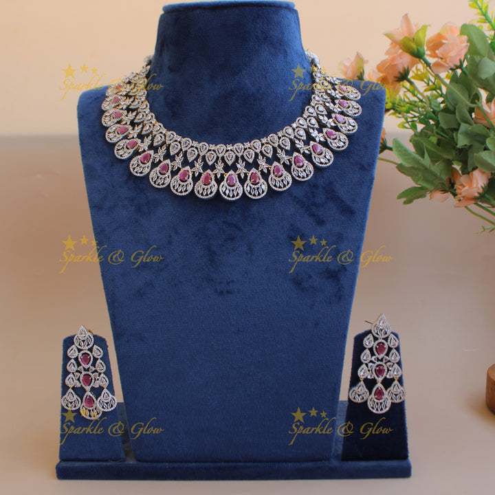 Sparkling Floral water drop design American diamond choker with ruby - pink