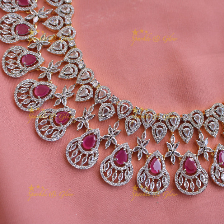 Sparkling Floral water drop design American diamond choker with ruby - pink