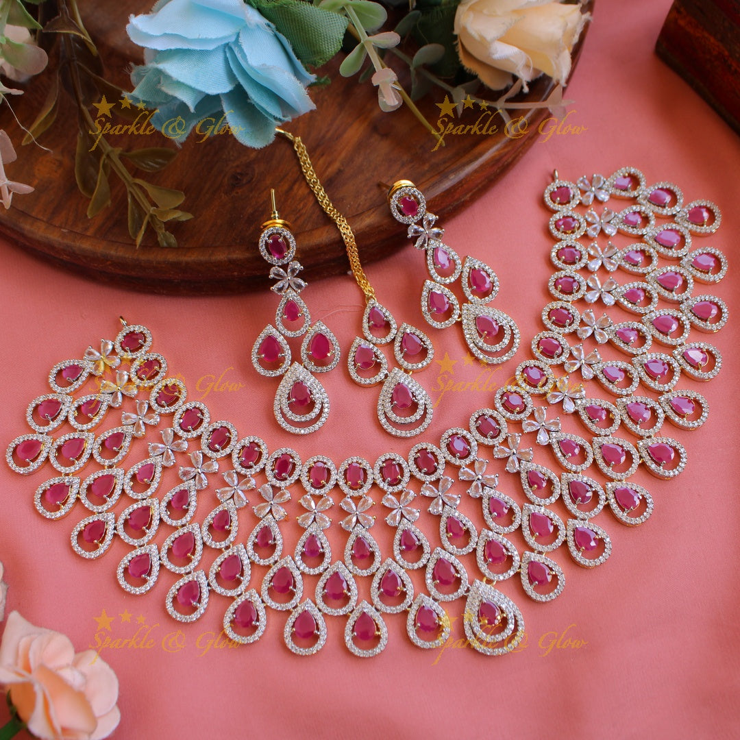 Stunning Water drop design American diamond choker set with maang tikka with emerald - green