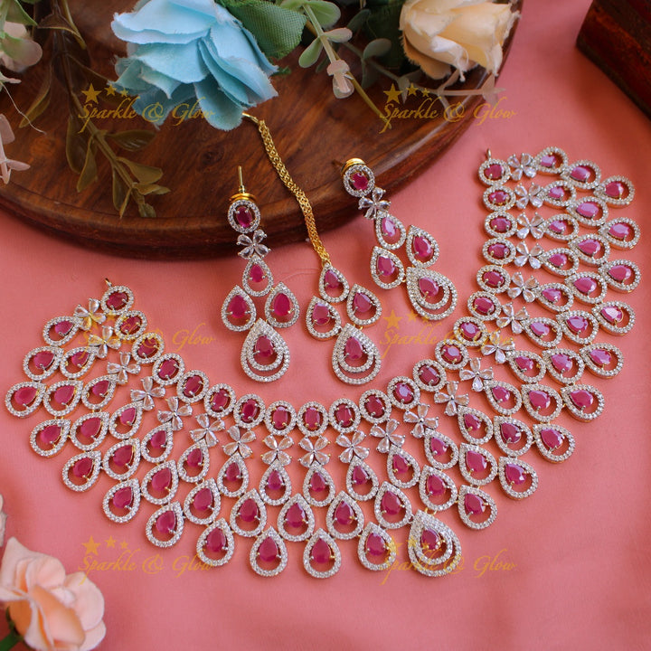 Stunning Water drop design American diamond choker set with maang tikka with emerald - green