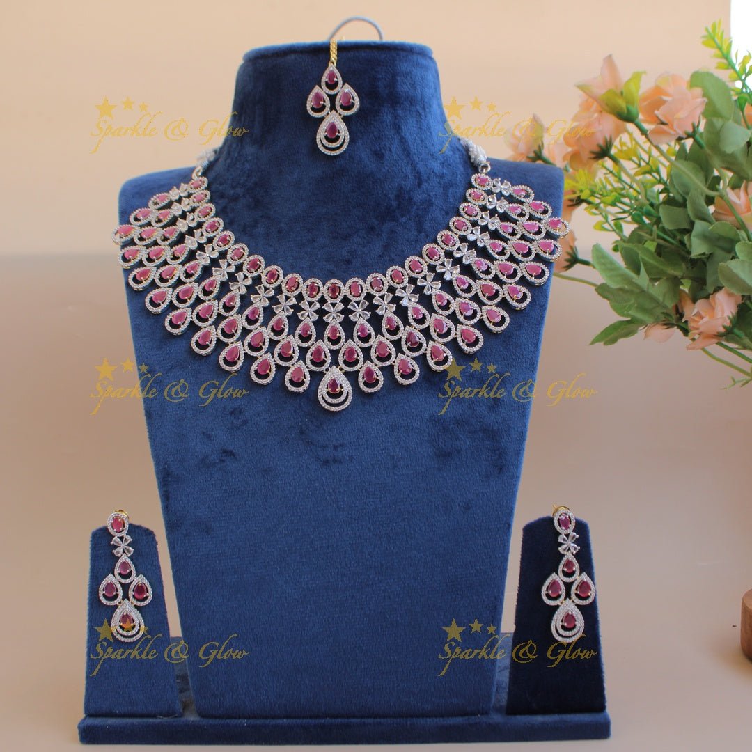 Stunning Water drop design American diamond choker set with maang tikka with ruby - Sparkle and Glow - Back Thread - 