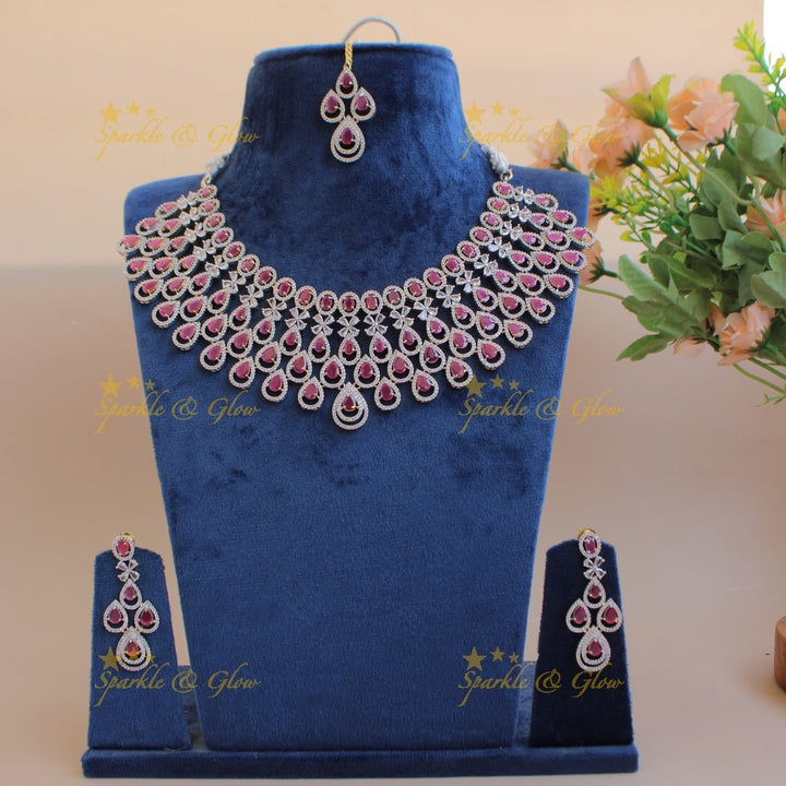 Stunning Water drop design American diamond choker set with maang tikka with ruby - Sparkle and Glow - Back Thread - 
