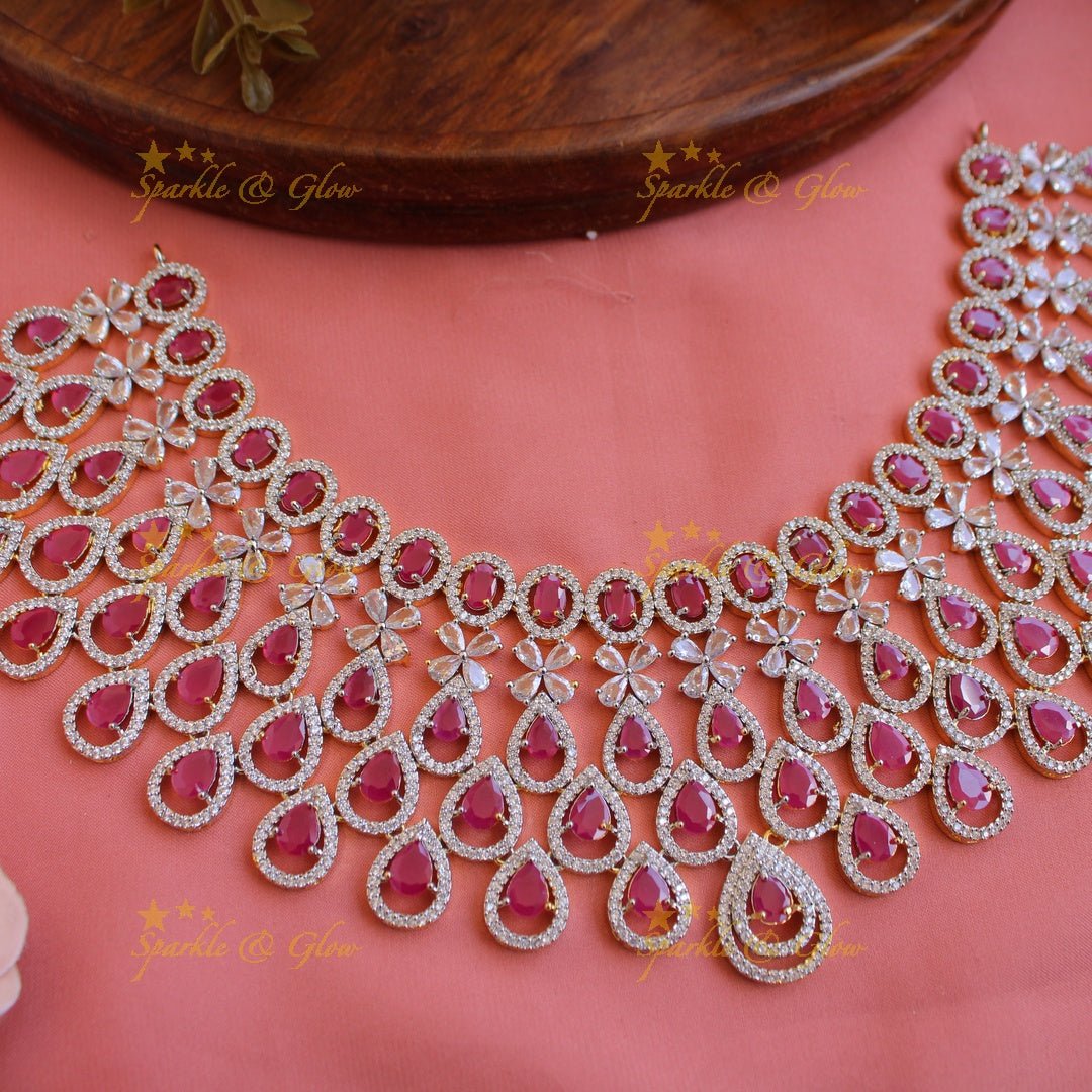 Stunning Water drop design American diamond choker set with maang tikka with ruby - Sparkle and Glow - Back Thread - 