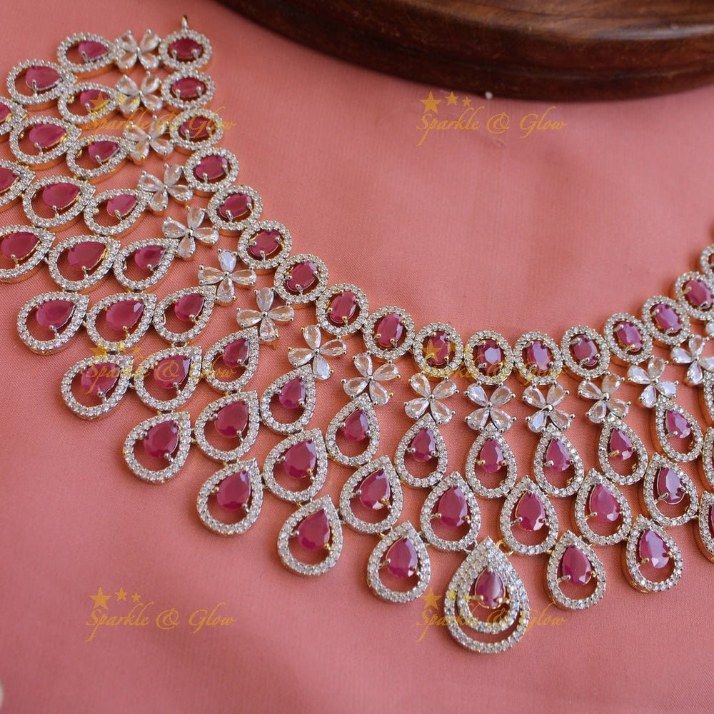 Stunning Water drop design American diamond choker set with maang tikka with ruby - Sparkle and Glow - Back Thread - 