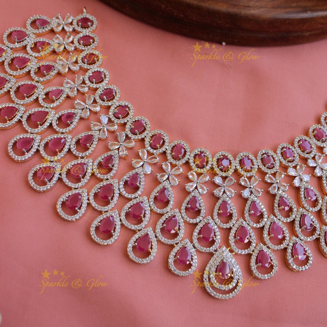 Stunning Water drop design American diamond choker set with maang tikka with ruby - Sparkle and Glow - Back Thread - 