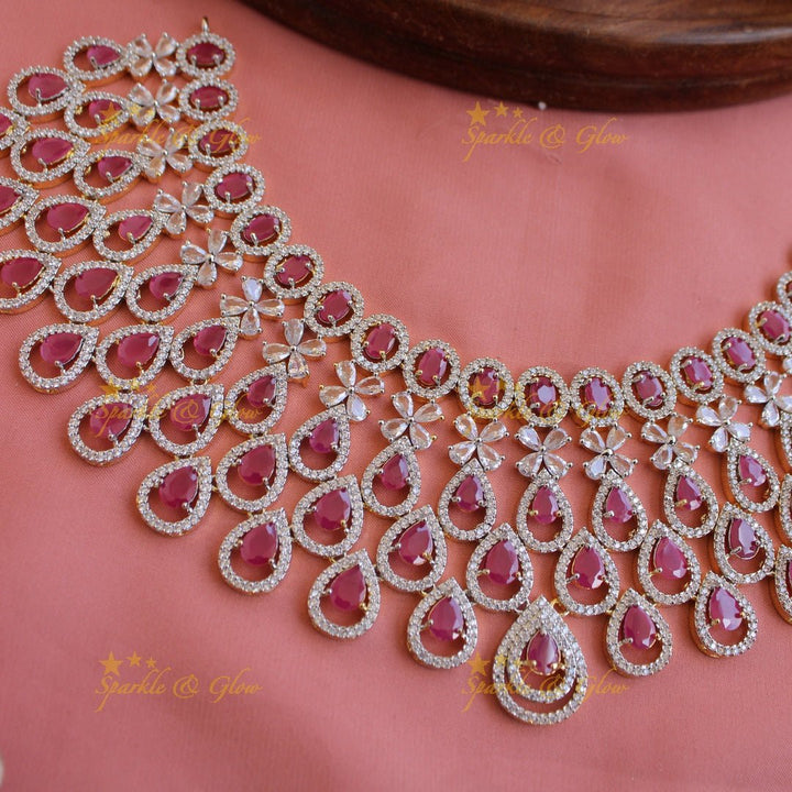 Stunning Water drop design American diamond choker set with maang tikka with ruby - Sparkle and Glow - Back Thread - 