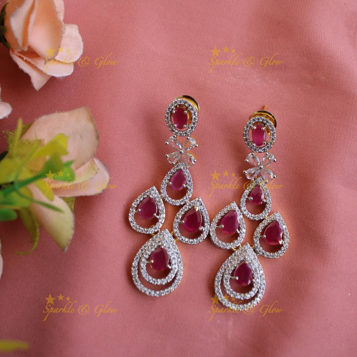 Stunning Water drop design American diamond choker set with maang tikka with ruby - Sparkle and Glow - Back Thread - 