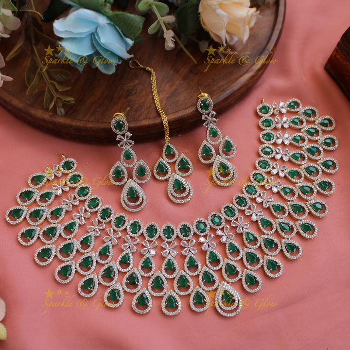 Stunning Water drop design American diamond choker set with maang tikka with emerald - green