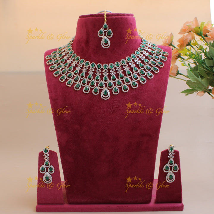 Stunning Water drop design American diamond choker set with maang tikka with emerald - green
