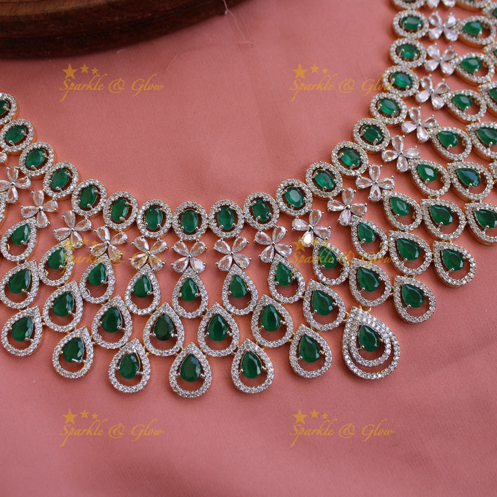 Stunning Water drop design American diamond choker set with maang tikka with emerald - green