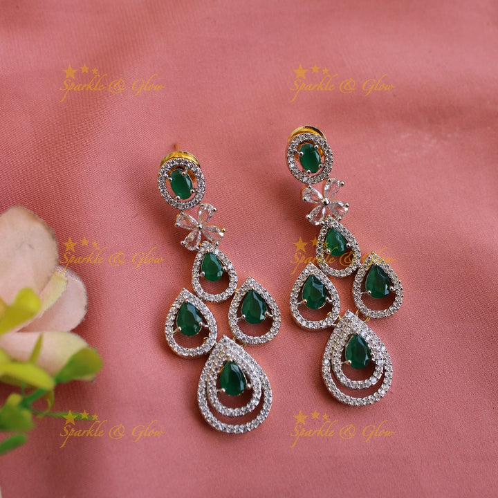 Stunning Water drop design American diamond choker set with maang tikka with emerald - green