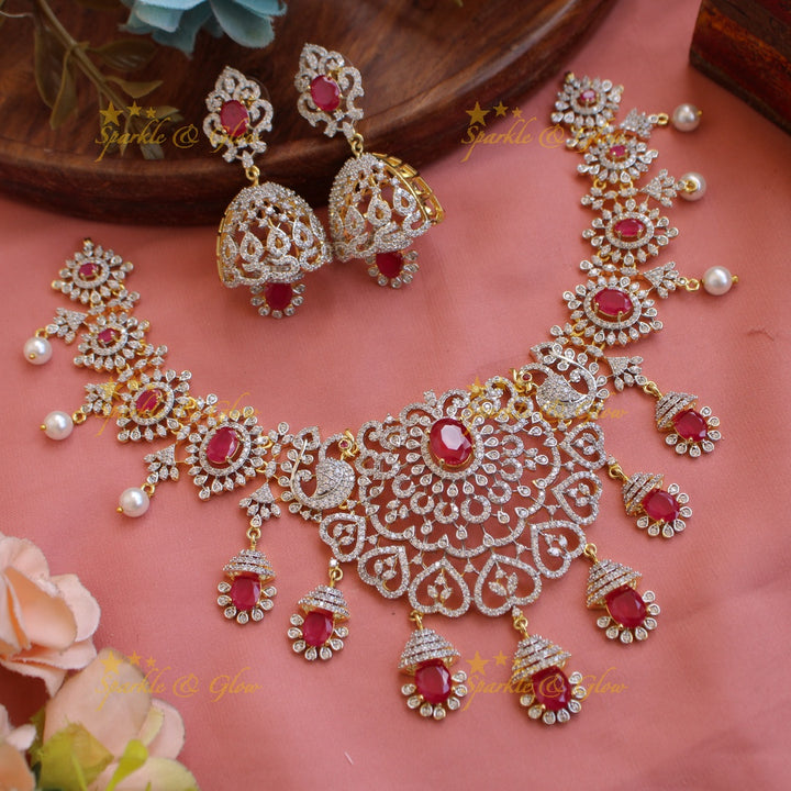 Beautiful Floral peacock American diamond short necklace with emerald and pearls - green