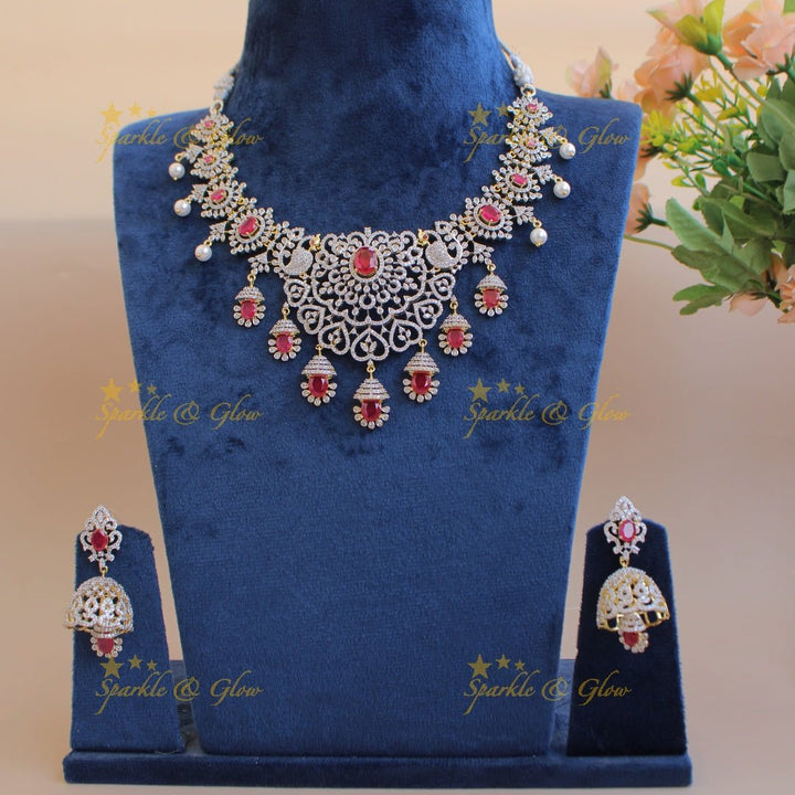 Beautiful Floral peacock American diamond short necklace with ruby and pearls - Sparkle and Glow - Back Thread - 