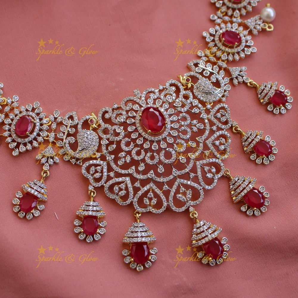 Beautiful Floral peacock American diamond short necklace with ruby and pearls - Sparkle and Glow - Back Thread - 
