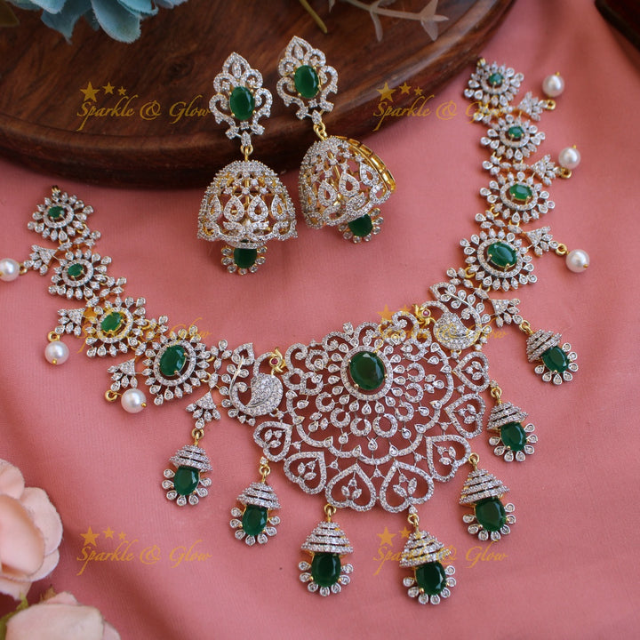 Beautiful Floral peacock American diamond short necklace with emerald and pearls - green