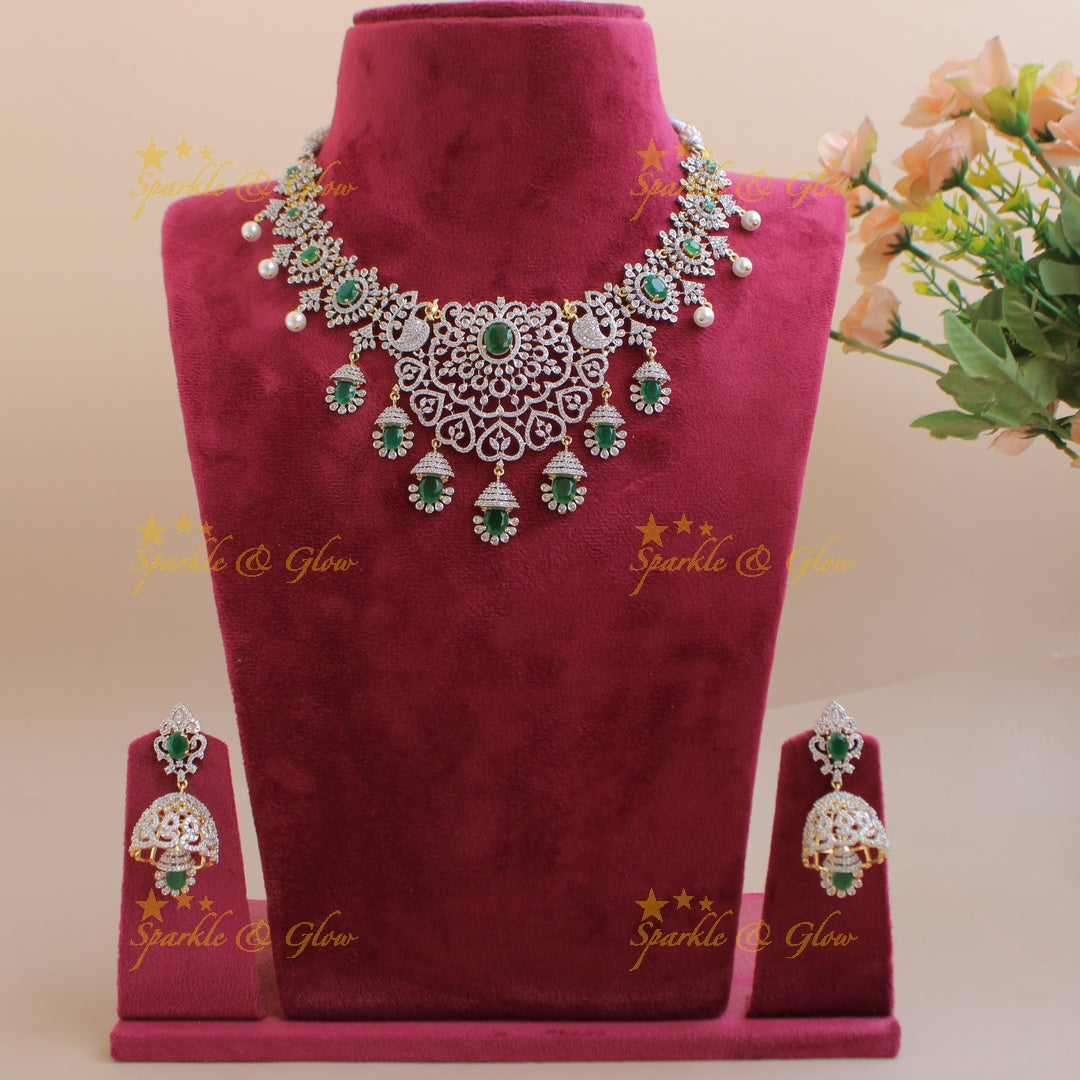 Beautiful Floral peacock American diamond short necklace with emerald and pearls - green