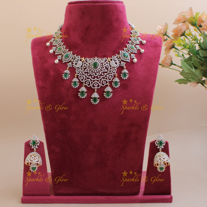 Beautiful Floral peacock American diamond short necklace with emerald and pearls - green