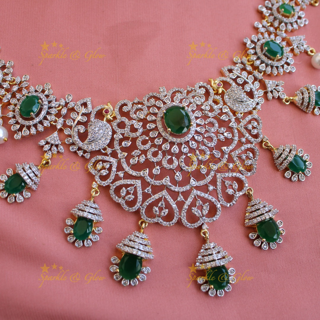 Beautiful Floral peacock American diamond short necklace with emerald and pearls - green
