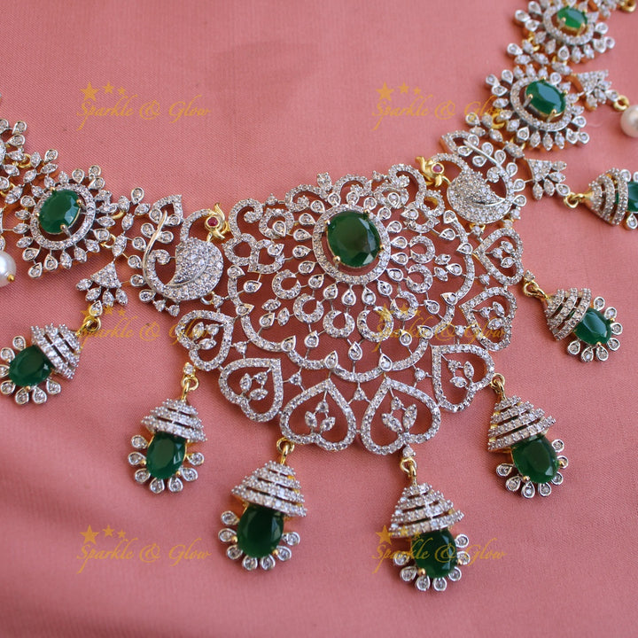 Beautiful Floral peacock American diamond short necklace with emerald and pearls - green