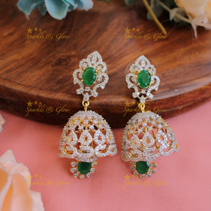 Beautiful Floral peacock American diamond short necklace with emerald and pearls - green